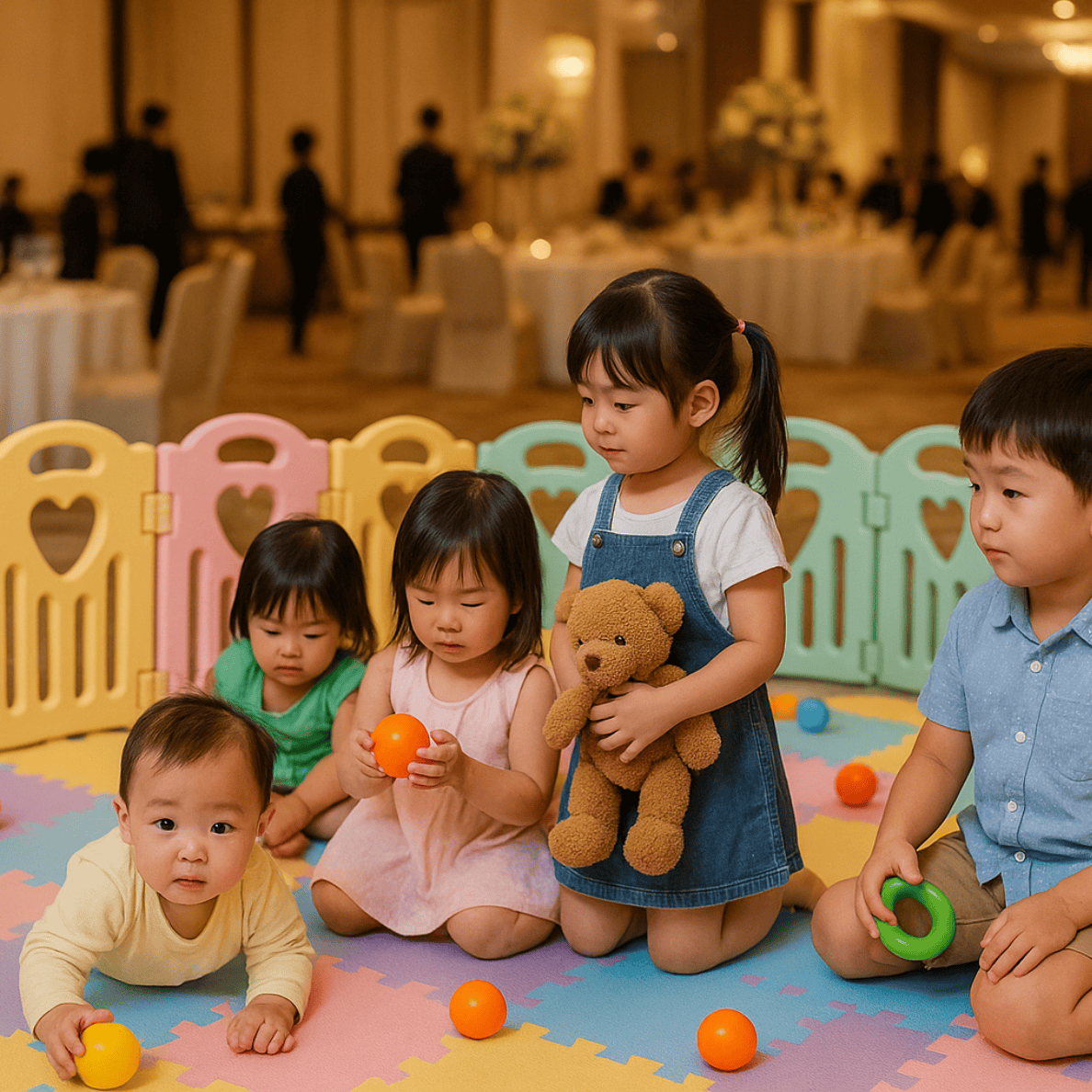 Young children exploring toys in an event play area