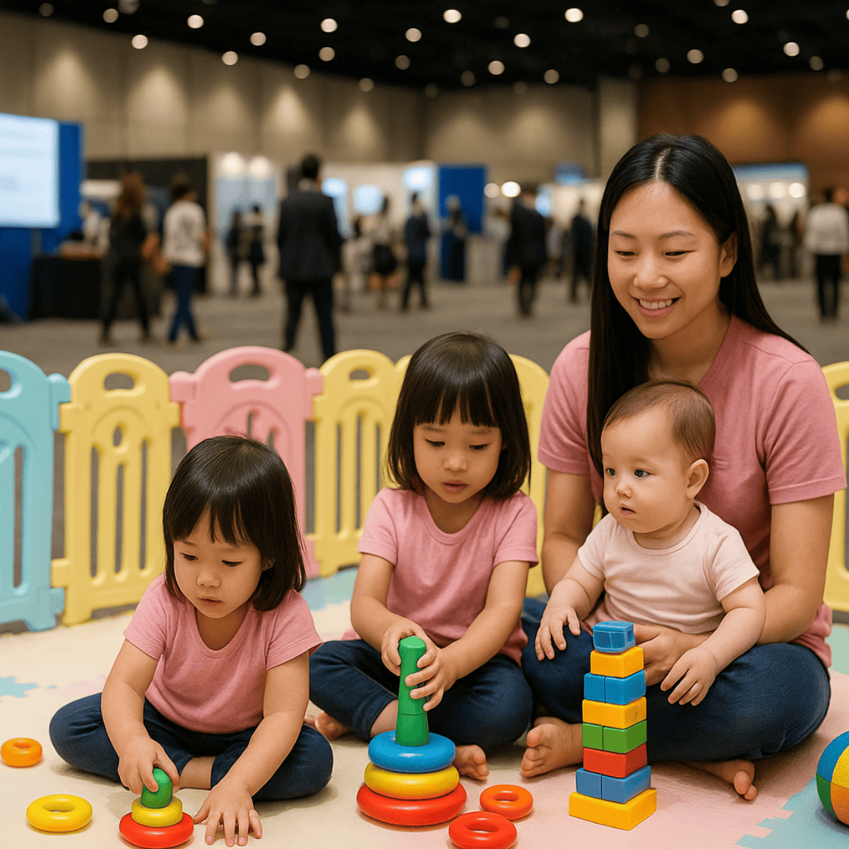 Caregiver with an infant and young children in an event play area