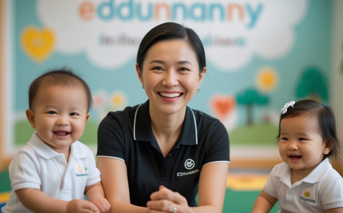 Bright, happy teacher with young students at EduNanny child care center, promoting early childhood education.