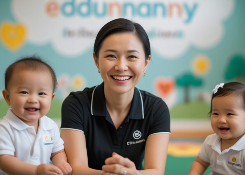 Bright, happy teacher with young students at EduNanny child care center, promoting early childhood education.