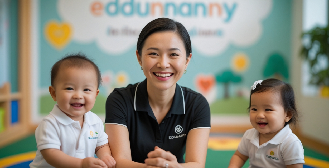 Bright, happy teacher with young students at EduNanny child care center, promoting early childhood education.
