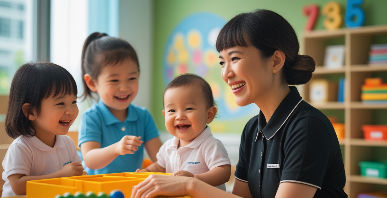 Happy children with teacher in preschool classroom, early childhood education, learning and social development.