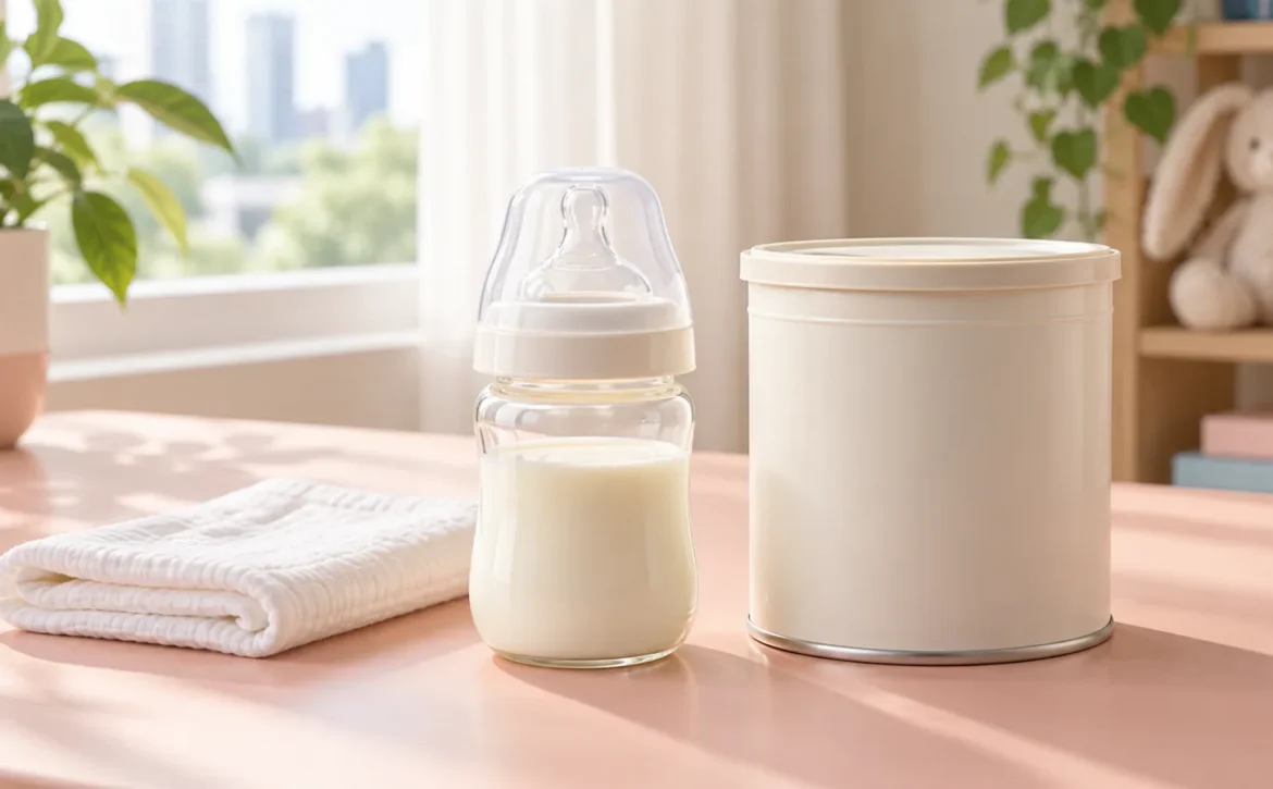 Capped infant feeding bottle beside a closed formula tin and folded cloth in a sunlit home