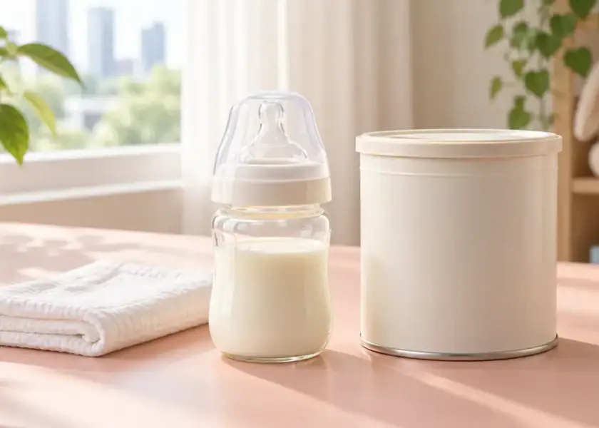 Capped infant feeding bottle beside a closed formula tin and folded cloth in a sunlit home