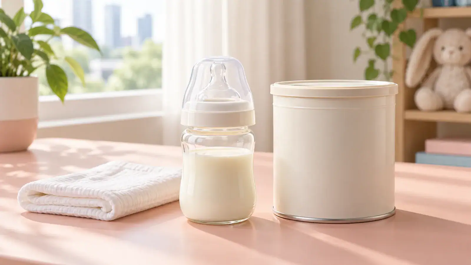 Capped infant feeding bottle beside a closed formula tin and folded cloth in a sunlit home