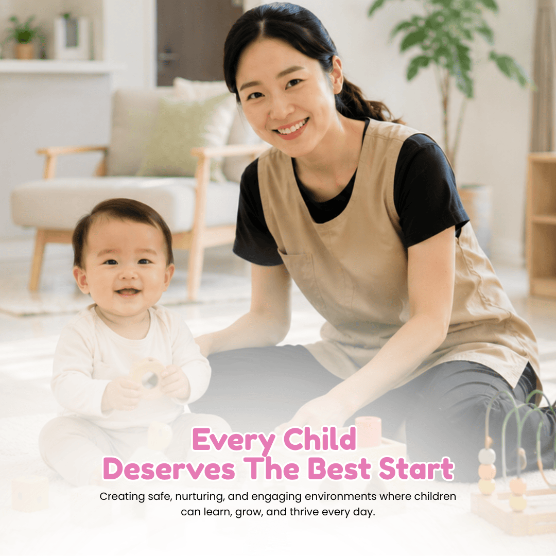 Caregiver beside an infant exploring toys