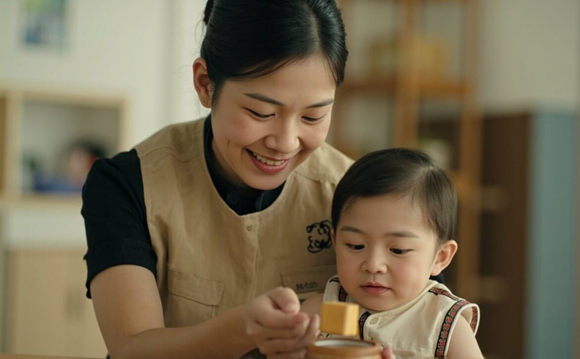 Caregiver observing an infant at a low table during cause-and-effect play with a wooden block.