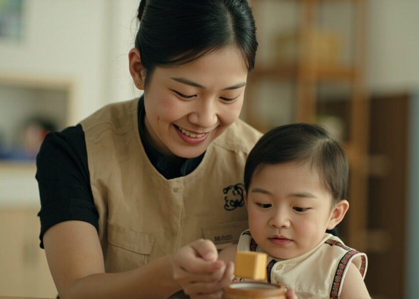 Caregiver observing an infant at a low table during cause-and-effect play with a wooden block.