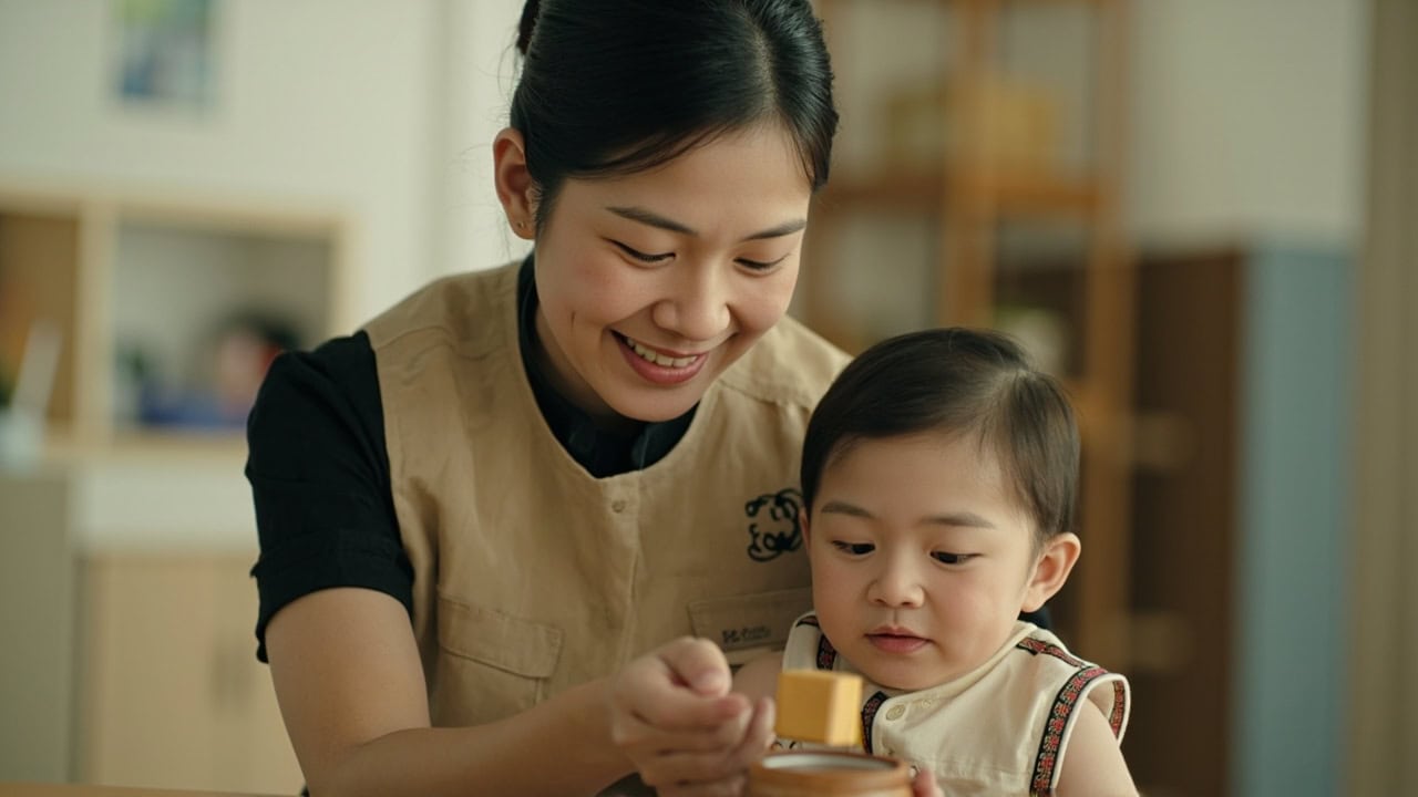 Caregiver observing an infant at a low table during cause-and-effect play with a wooden block.