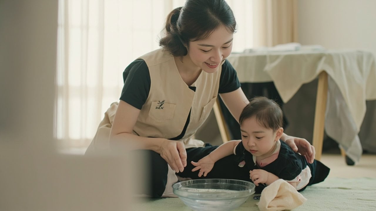Caregiver with infant exploring water play on the floor, narrating cause and effect during a splash moment.