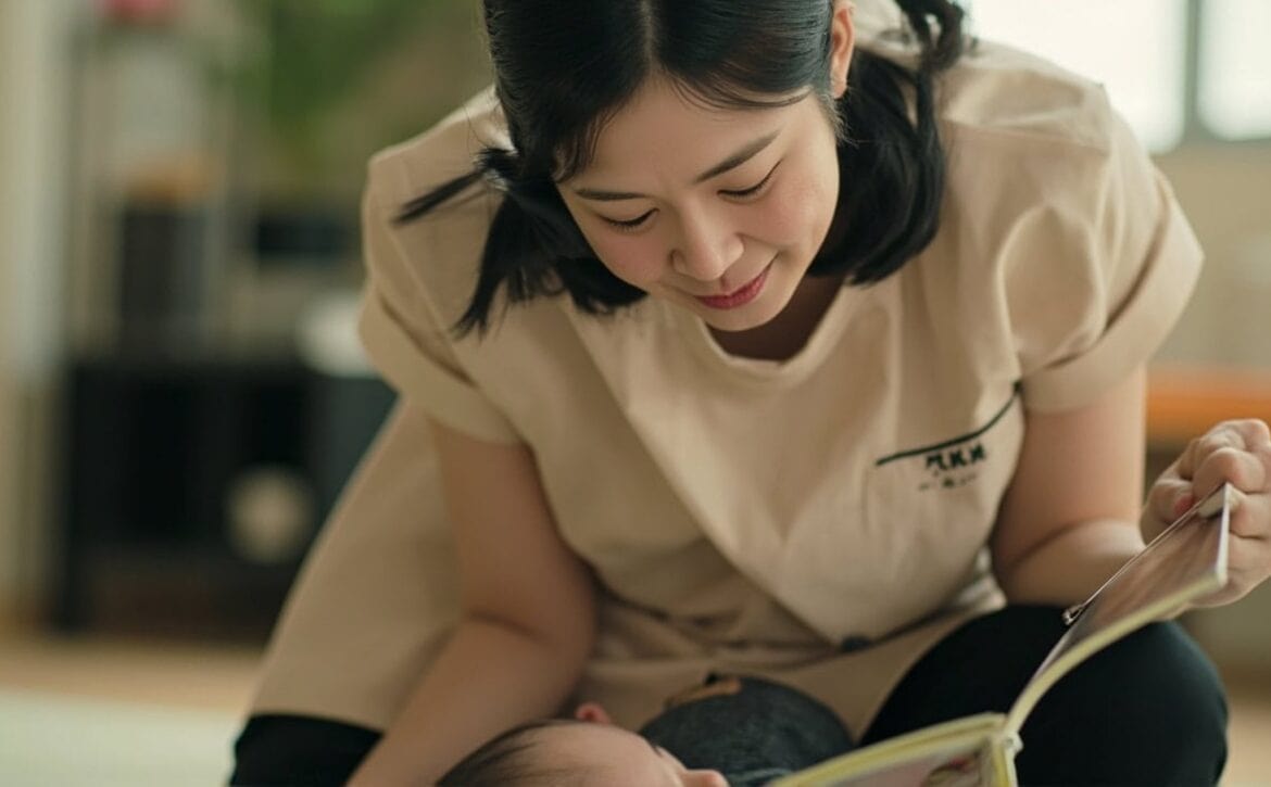 A childminder shares a board book with an infant, following the baby's reach toward a picture on the page.