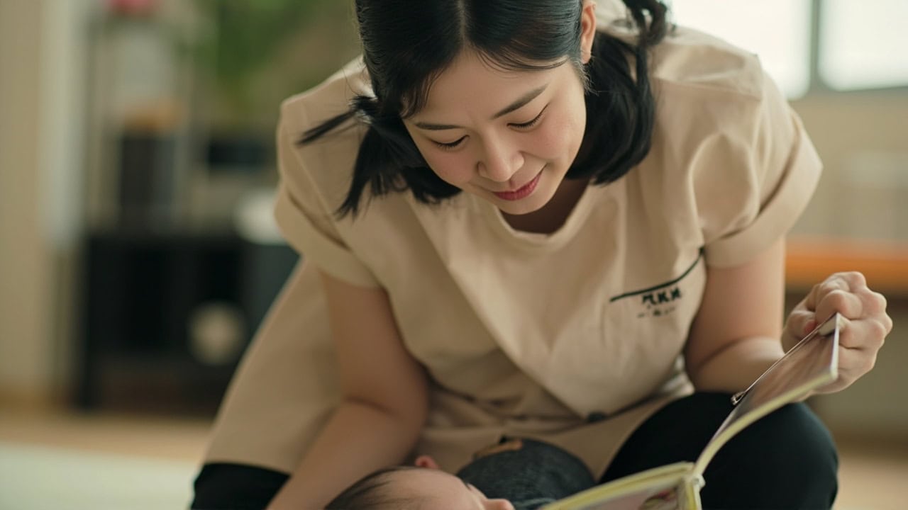 A childminder shares a board book with an infant, following the baby's reach toward a picture on the page.