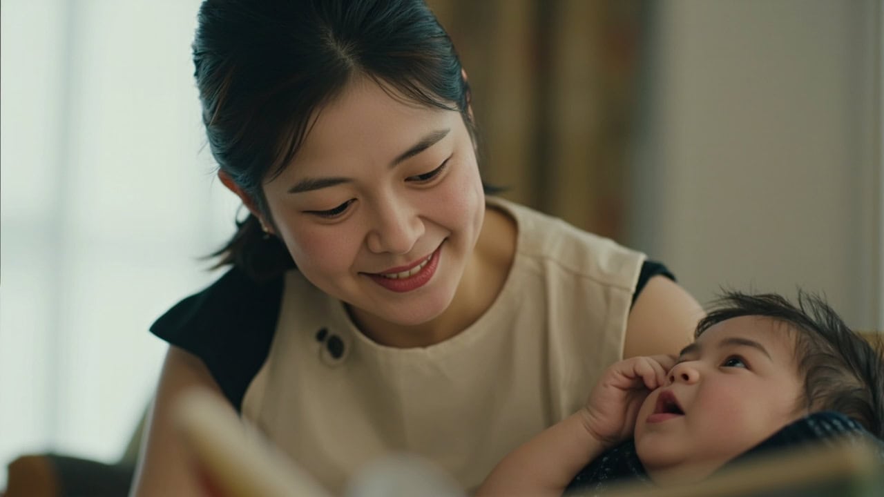 A caregiver pauses during shared book play, watching the baby's face and gaze on the page.