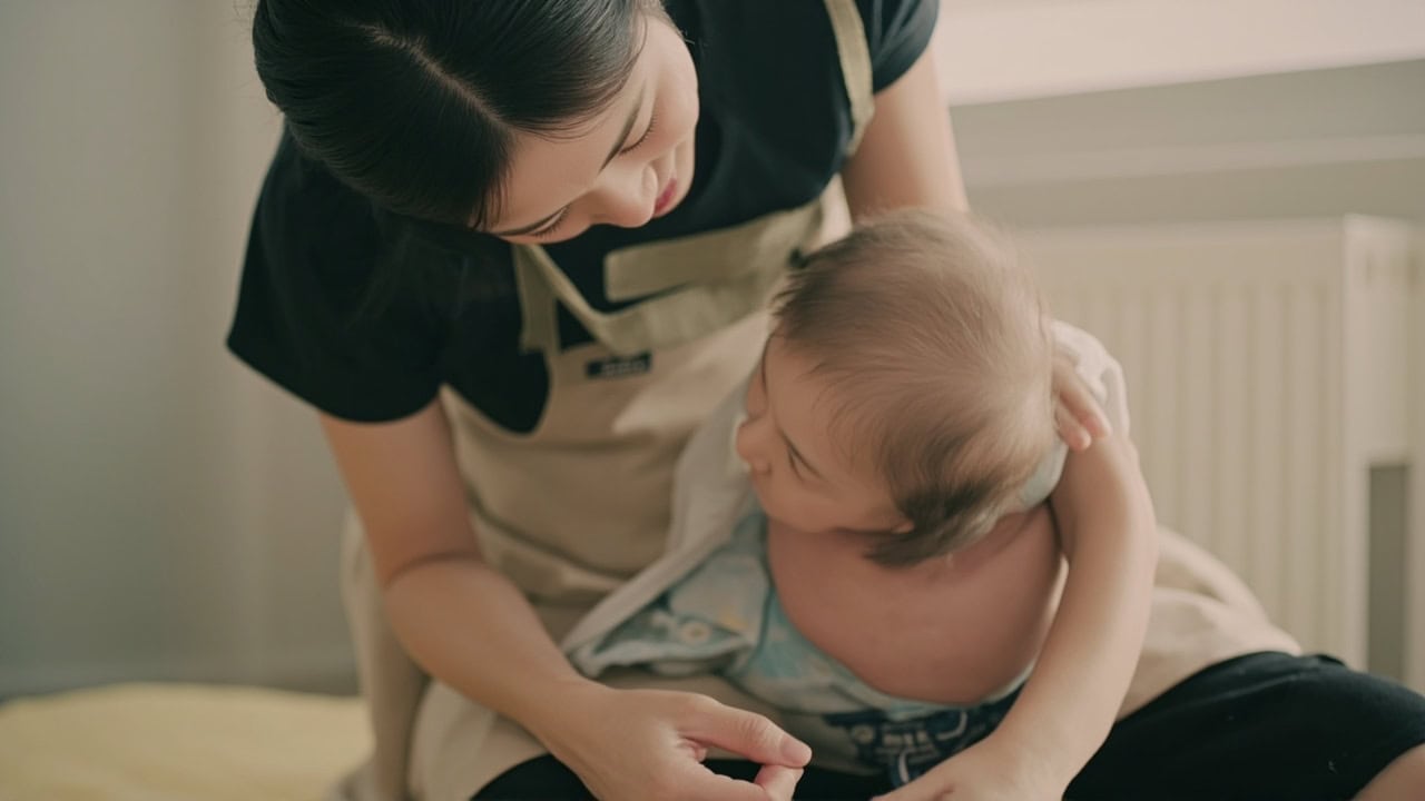 A caregiver waits for the baby to look away before turning the page during shared book play.