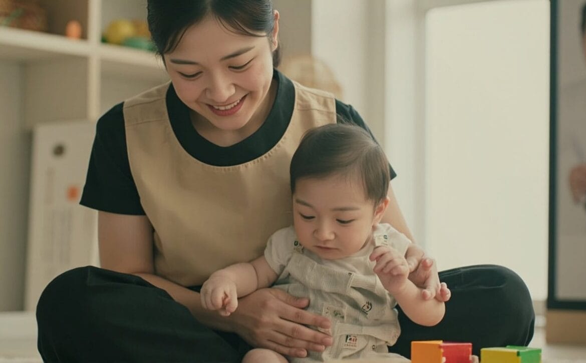 A caregiver and infant sharing a quiet moment of visual connection over a colourful object in warm morning light