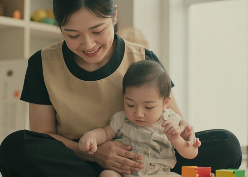 A caregiver and infant sharing a quiet moment of visual connection over a colourful object in warm morning light
