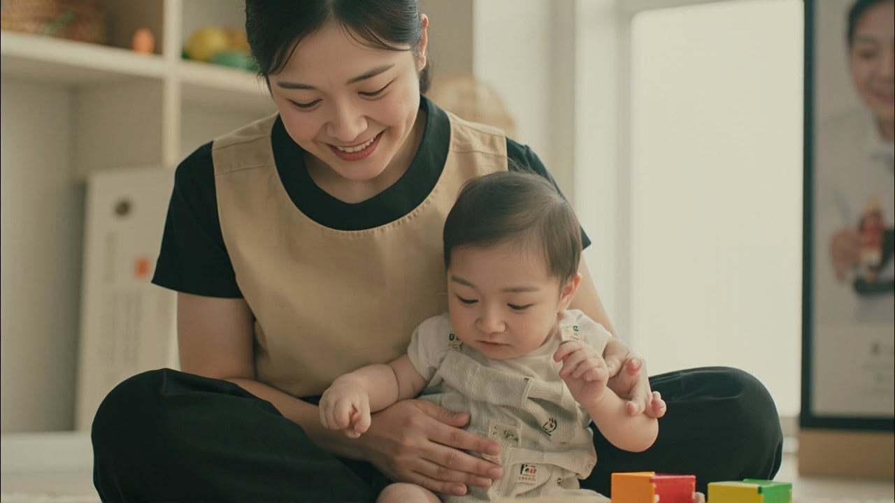 A caregiver and infant sharing a quiet moment of visual connection over a colourful object in warm morning light