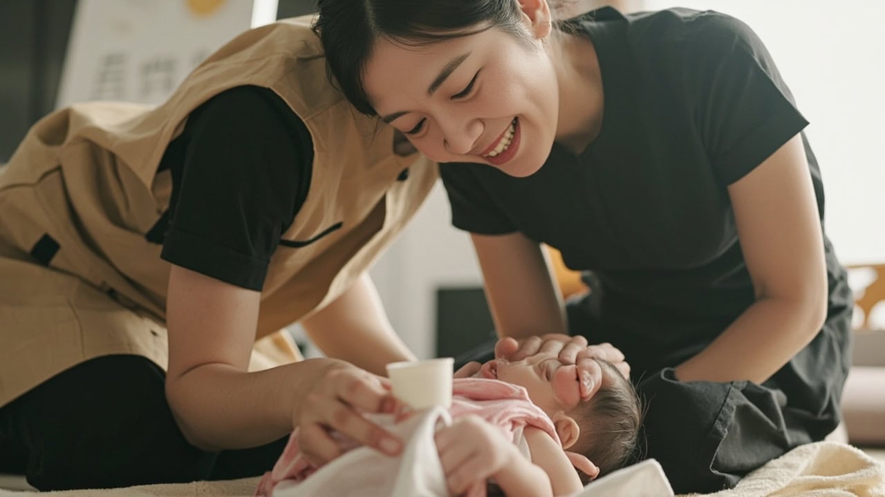 A caregiver and baby sharing peek-a-boo play with a hidden cup on a clean floor mat