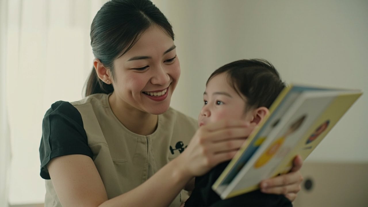 A caregiver and baby looking together at a picture in a board book during shared book time