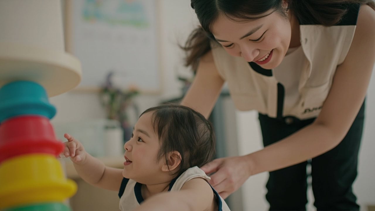 A baby reaching confidently for coloured cups while a caregiver watches attentively nearby