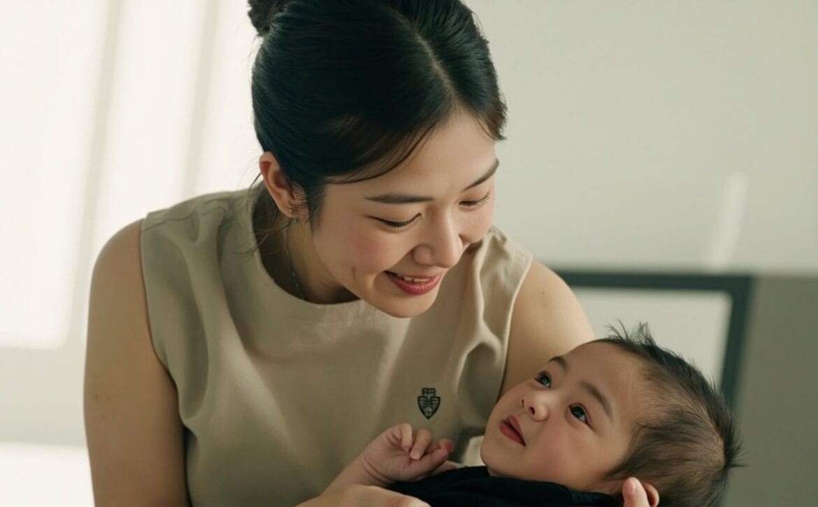 Professional caregiver and infant in gentle morning interaction during pre-care routine alignment