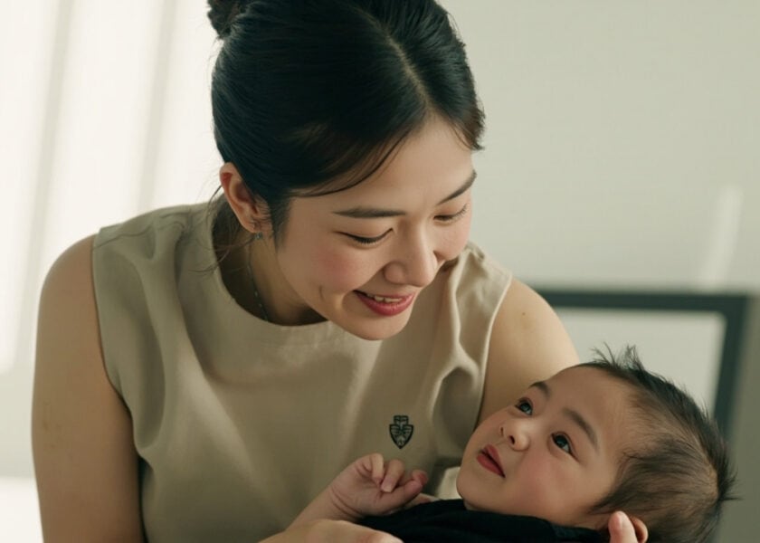 Professional caregiver and infant in gentle morning interaction during pre-care routine alignment