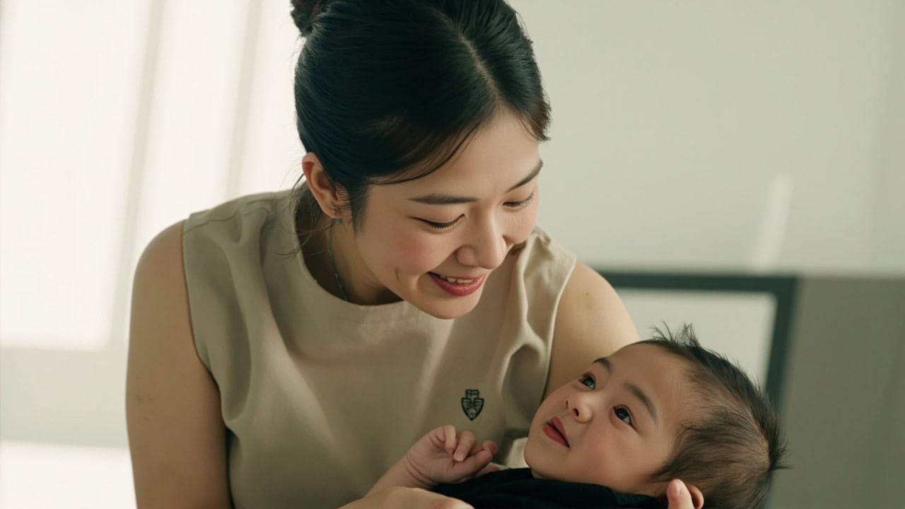 Professional caregiver and infant in gentle morning interaction during pre-care routine alignment