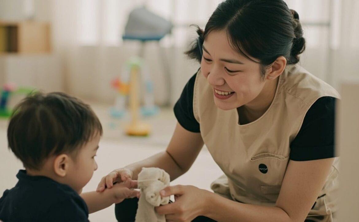 Caregiver and infant playing peek-a-boo with a cloth on the floor