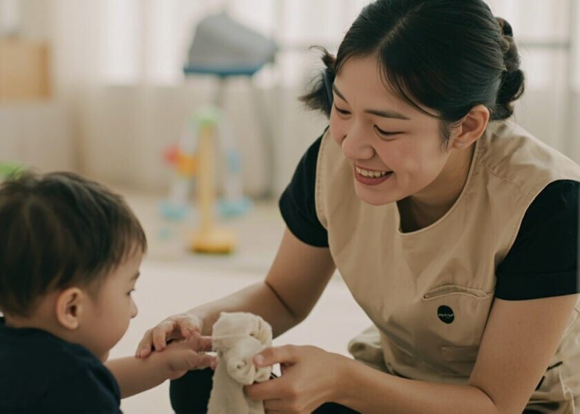 Caregiver and infant playing peek-a-boo with a cloth on the floor
