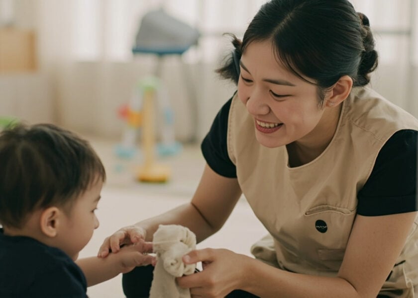 Caregiver and infant playing peek-a-boo with a cloth on the floor