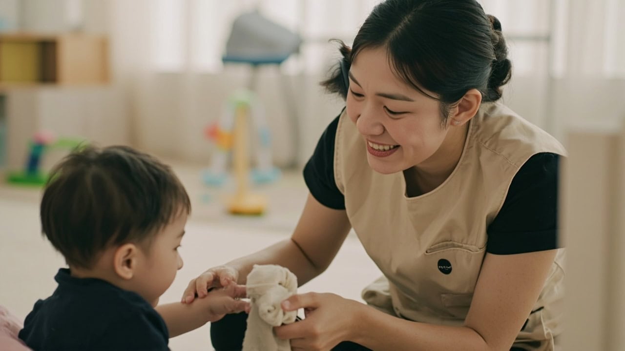 Caregiver and infant playing peek-a-boo with a cloth on the floor