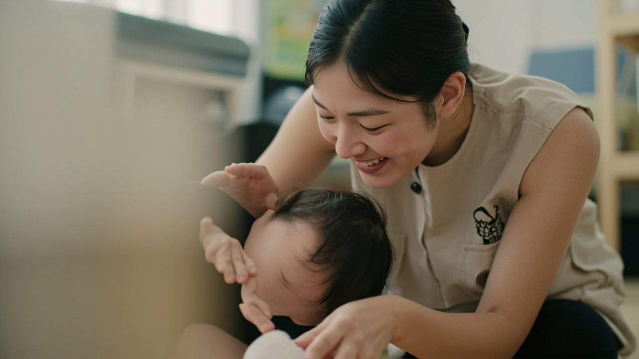 Baby looking at an overturned cup during an object permanence game