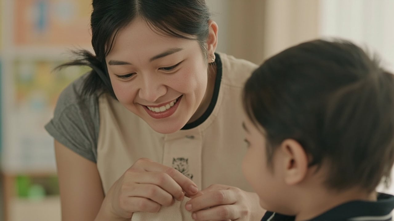 Caregiver lifting cloth to reveal hidden toy during peek-a-boo play