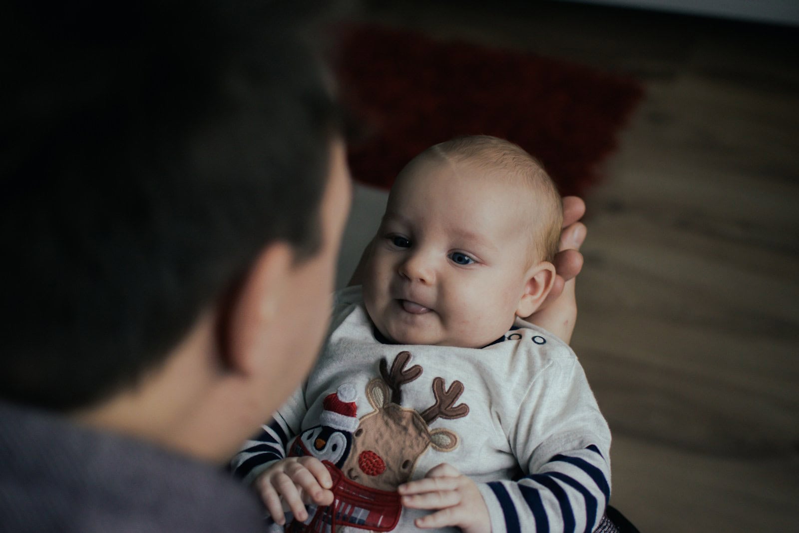 An adult holding a baby while they face one another.