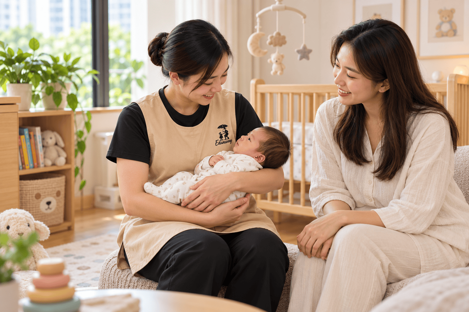 AI-generated illustration of an EduNanny caregiver supporting a newborn and mother in a home nursery.