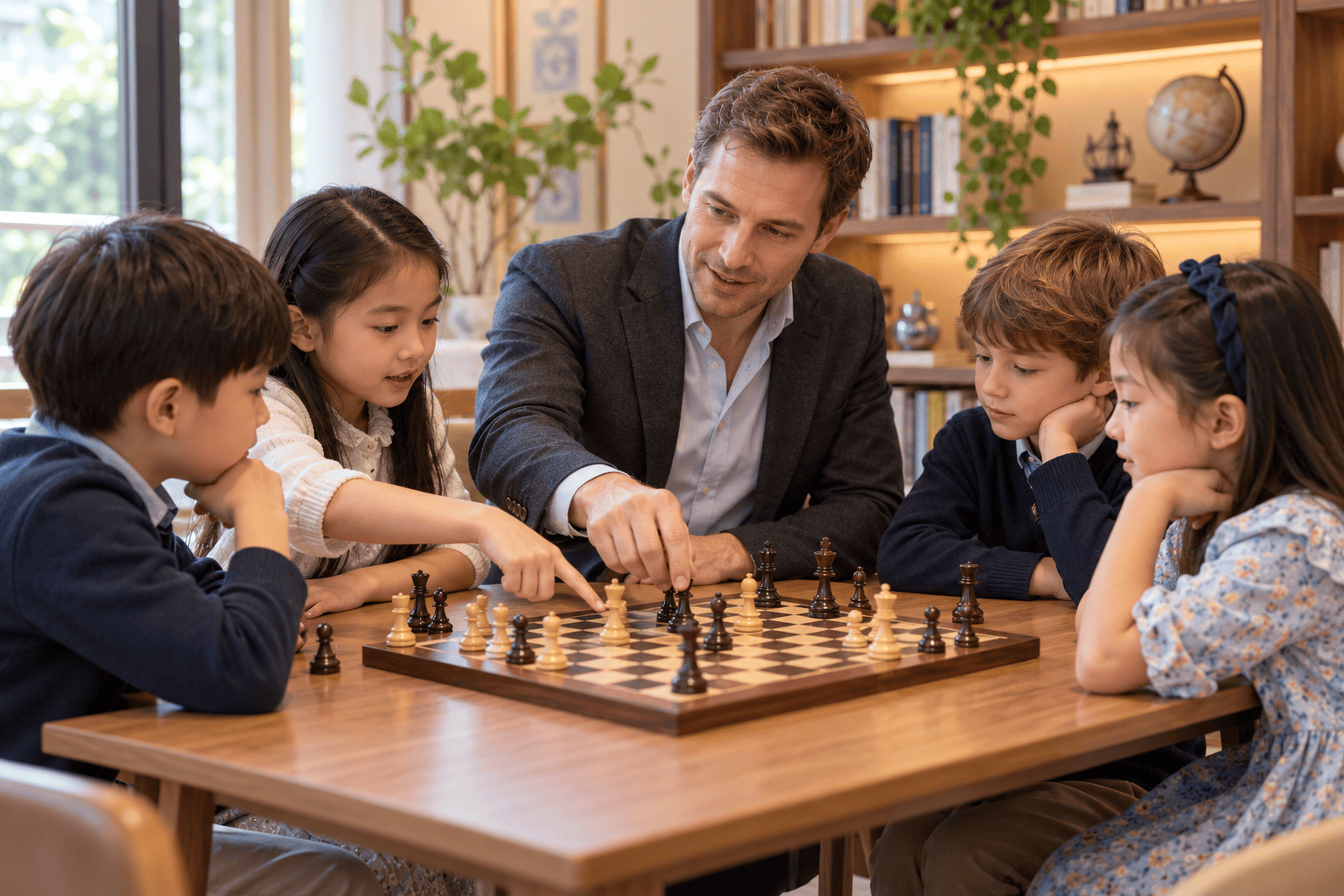 AI-generated concept of a guest chess expert mentoring four children in a small class.