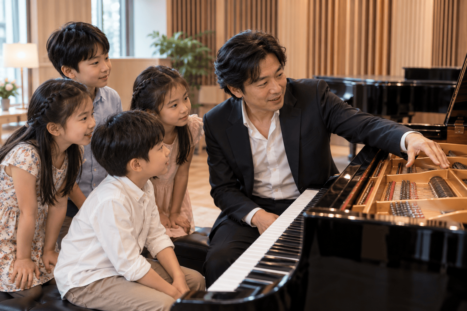 AI-generated concept of a distinguished pianist introducing a grand piano to a small class of children.