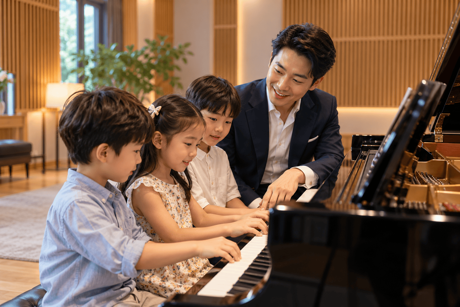 AI-generated concept of a distinguished guest pianist mentoring three children in a music studio.