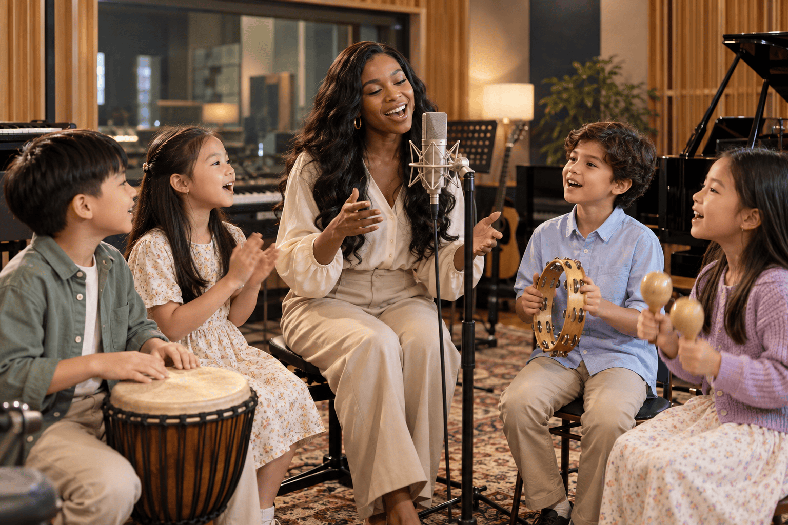 AI-generated concept of a distinguished guest recording artist mentoring a small class of children in a music studio.