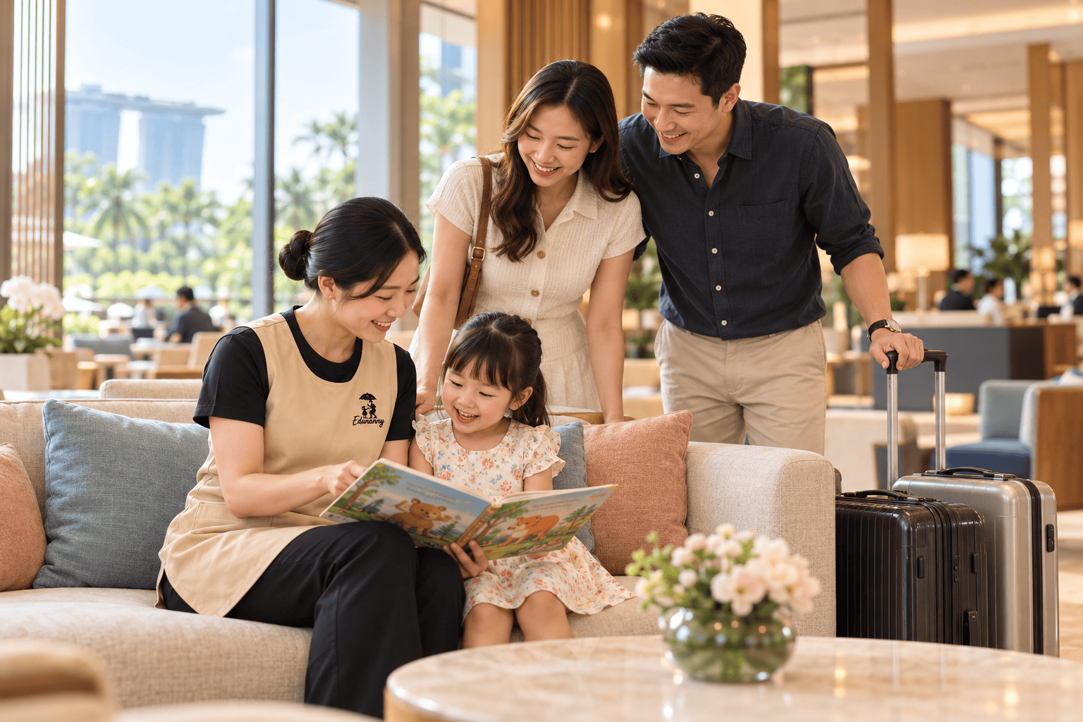 AI-generated illustration of an EduNanny caregiver sharing a story with a child and travelling family in a hotel.