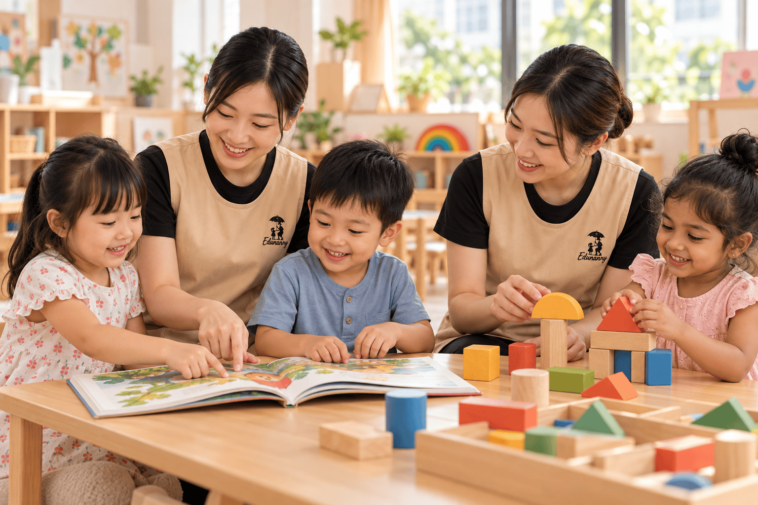 AI-generated illustration of EduNanny educators in beige uniforms sharing books and wooden shapes with children.