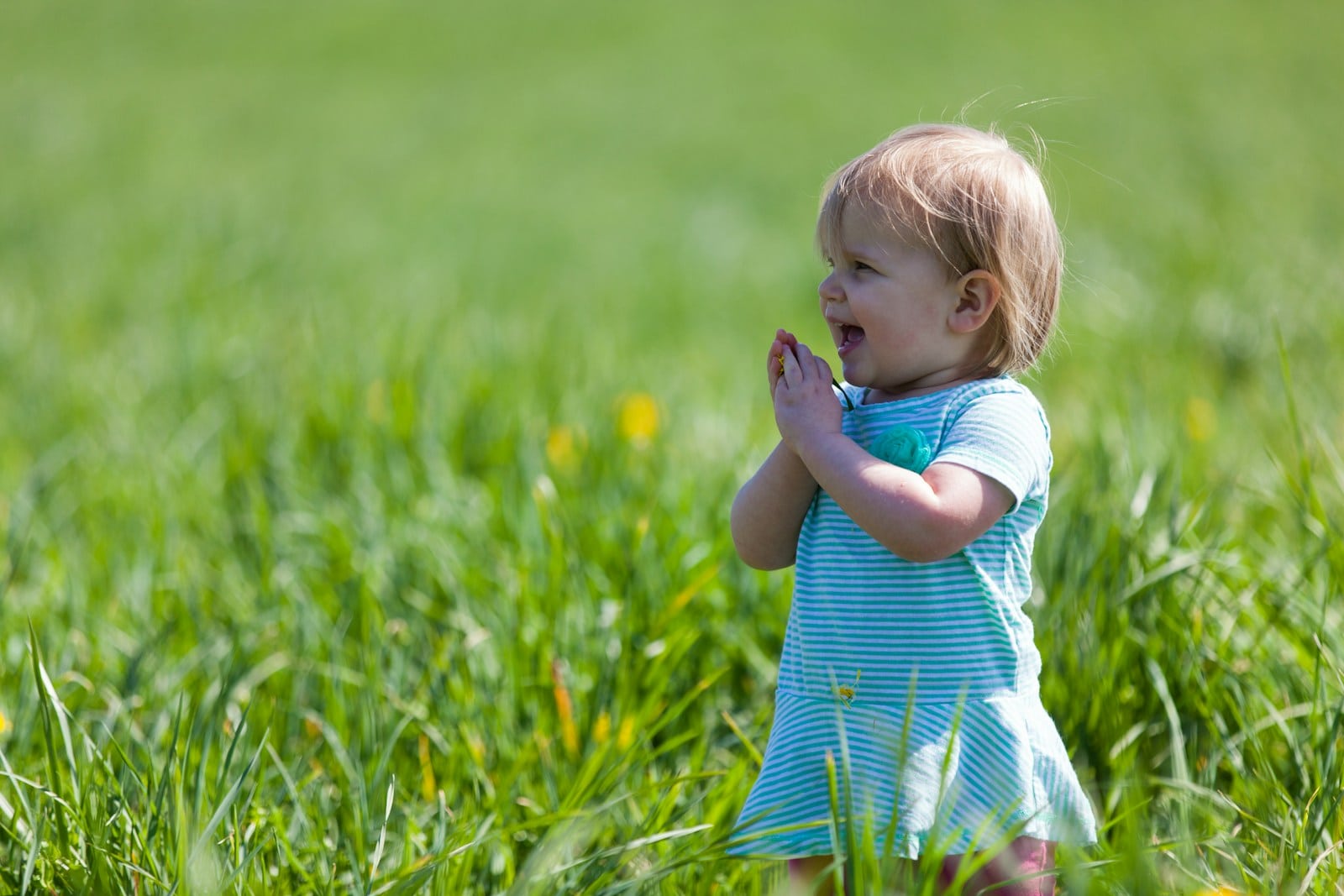 Young child in a blue striped outfit bringing their hands together in a grassy field.