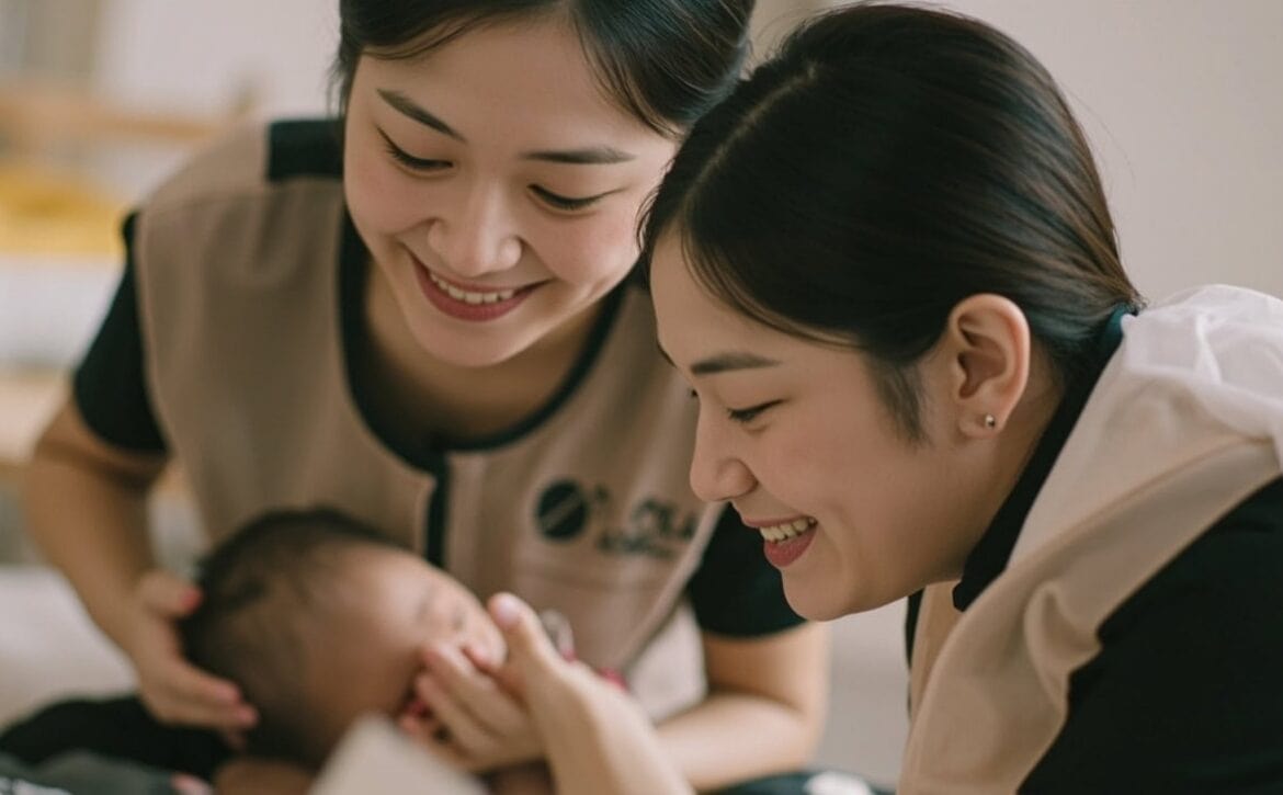 Illustration of a parent and childminder discussing infant care questions while an awake baby plays nearby