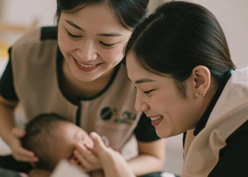 Illustration of a parent and childminder discussing infant care questions while an awake baby plays nearby