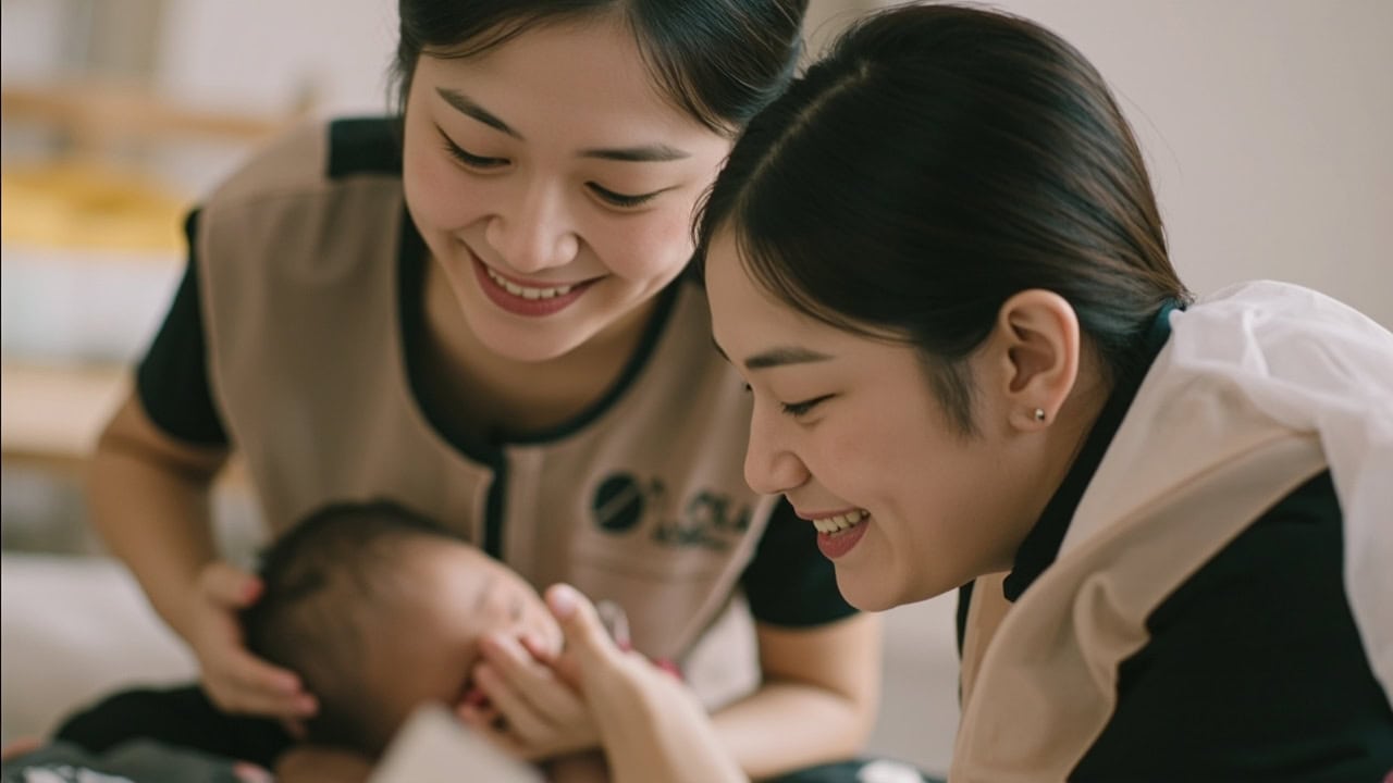 Illustration of a parent and childminder discussing infant care questions while an awake baby plays nearby