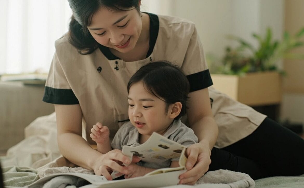 Childminder pauses with a cloth picture book within an infant’s view as the infant looks away.