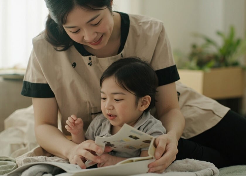 Childminder pauses with a cloth picture book within an infant’s view as the infant looks away.