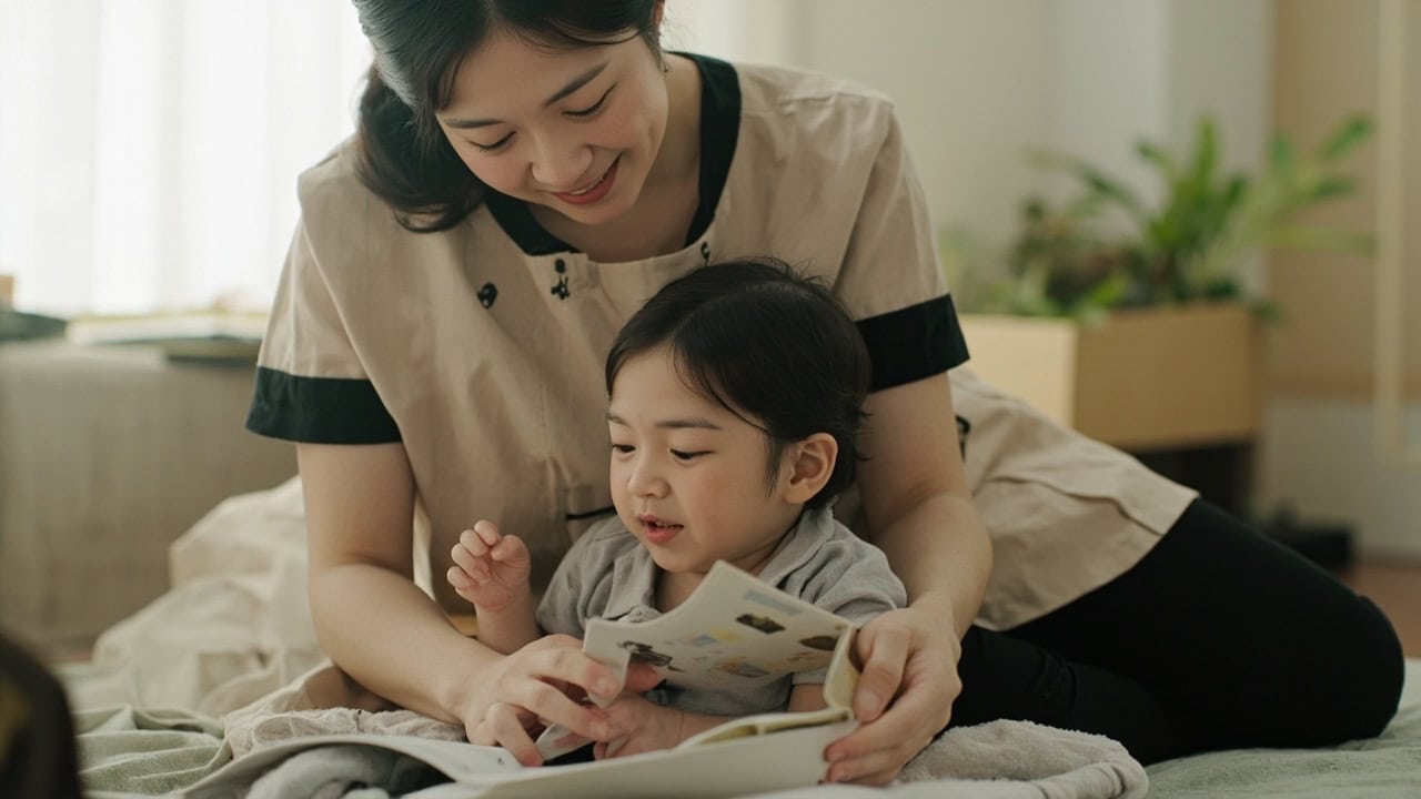 Childminder pauses with a cloth picture book within an infant’s view as the infant looks away.