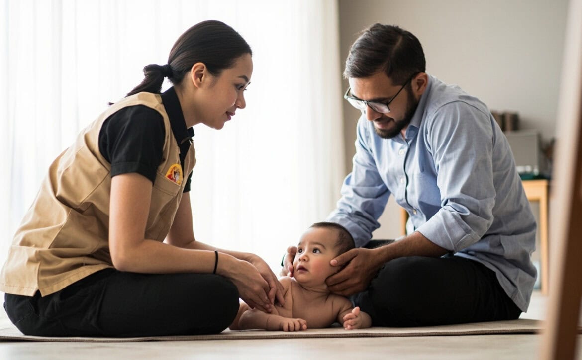 A beige-tunic caregiver kneels beside an awake baby propped on their arms on a clean mat, while a seated parent supports the baby’s head.