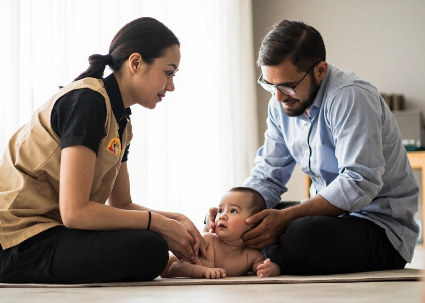 A beige-tunic caregiver kneels beside an awake baby propped on their arms on a clean mat, while a seated parent supports the baby’s head.